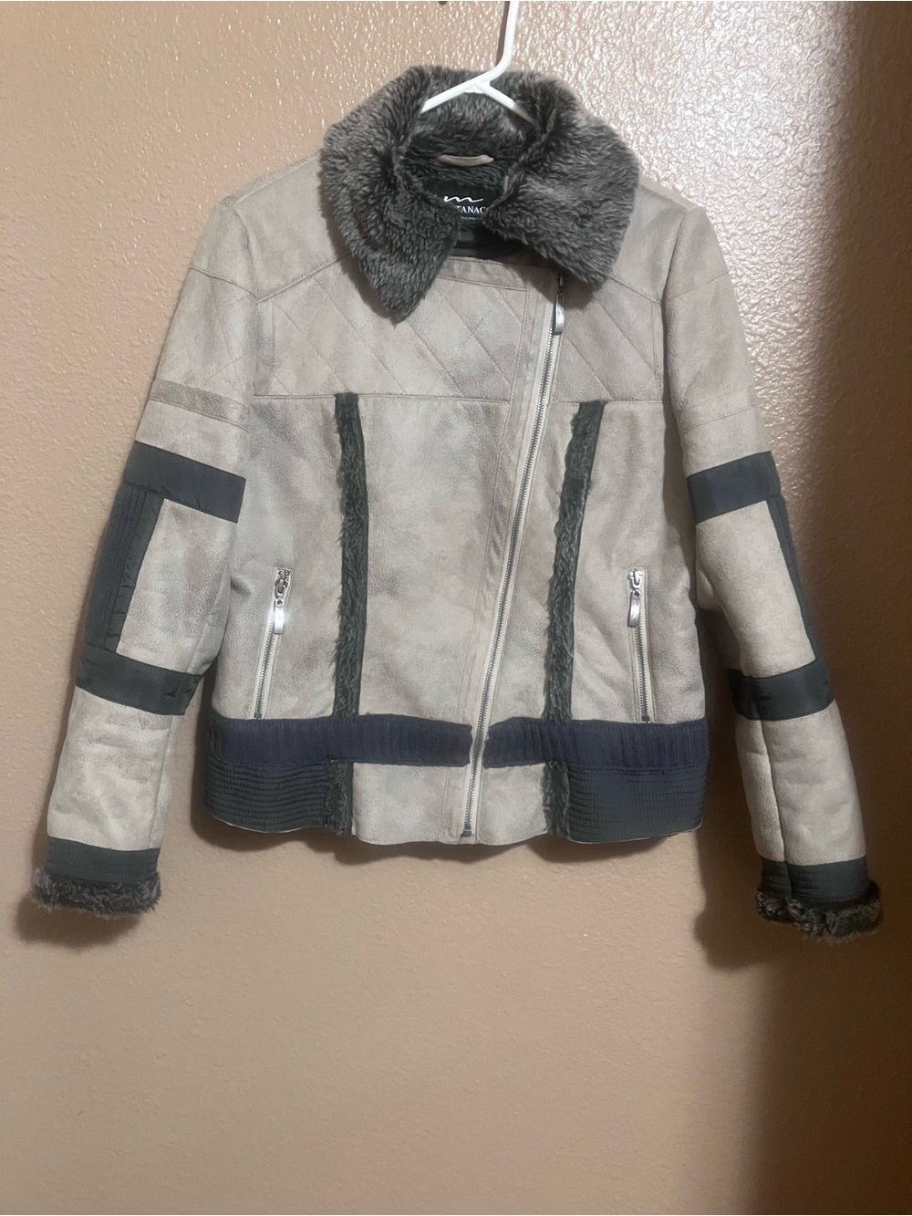 MONTANACO Taupe Shearling-Trim Moto Jacket